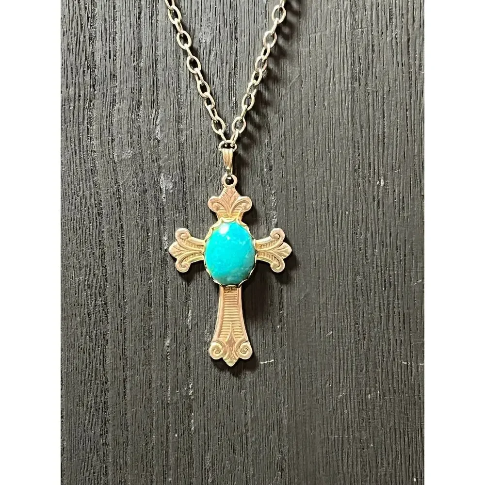 Long Cross Necklace Turquoise Color Stone Silver Tone‎ Chain Boho Faith 33”